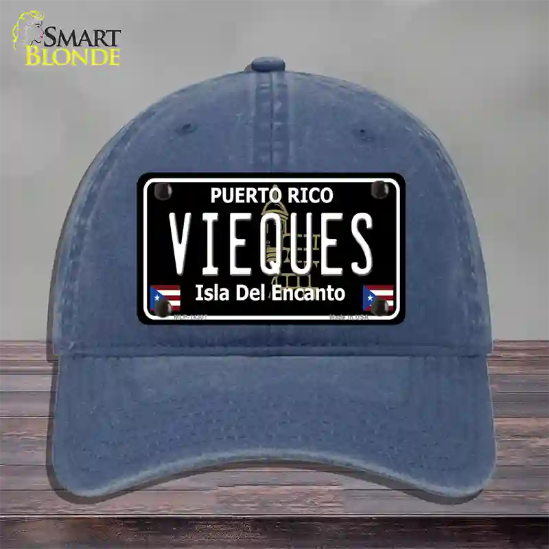 Vieques Puerto Rico Black Novelty License Plate Hat Unconstructed Cotton / Navy