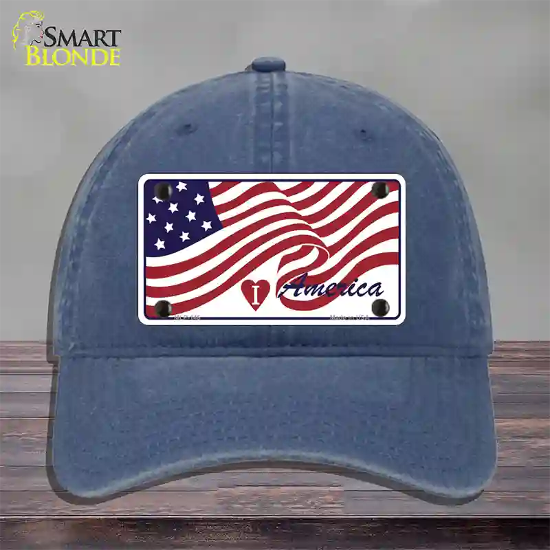 I Love America Flag Novelty License Plate Hat Unconstructed Cotton / Navy