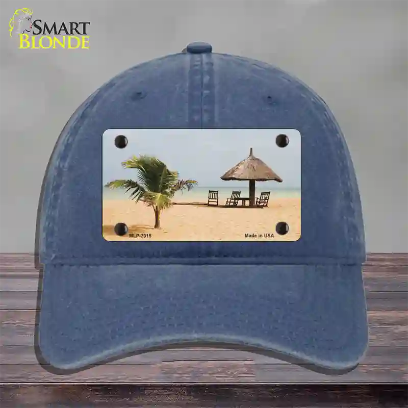 Tropical Beach Setting Novelty License Plate Hat Unconstructed Cotton / Navy