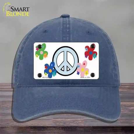 Peace Sign and Flowers Novelty License Plate Hat Unconstructed Cotton / Navy