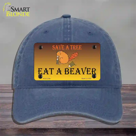 Save A Tree Eat a Beaver Novelty License Plate Hat Unconstructed Cotton / Navy