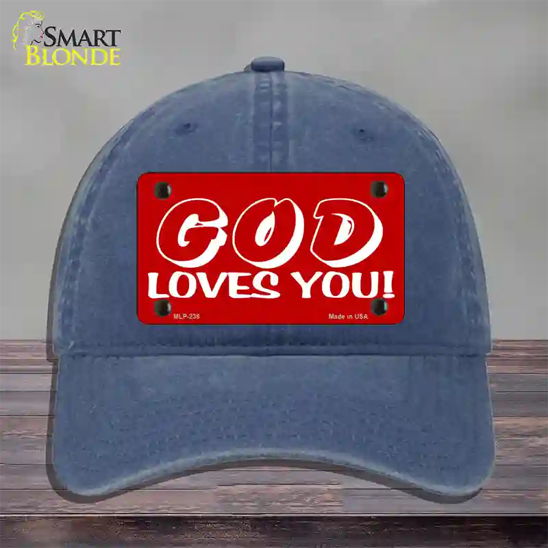 God Loves You Novelty License Plate Hat Unconstructed Cotton / Navy