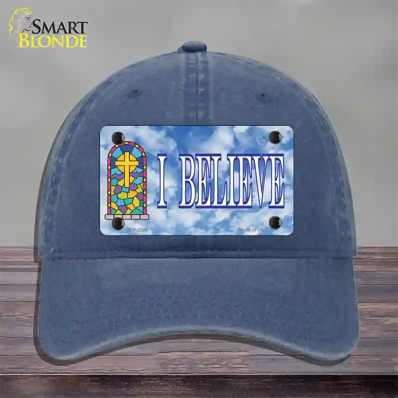 I Believe Novelty License Plate Hat Unconstructed Cotton / Navy