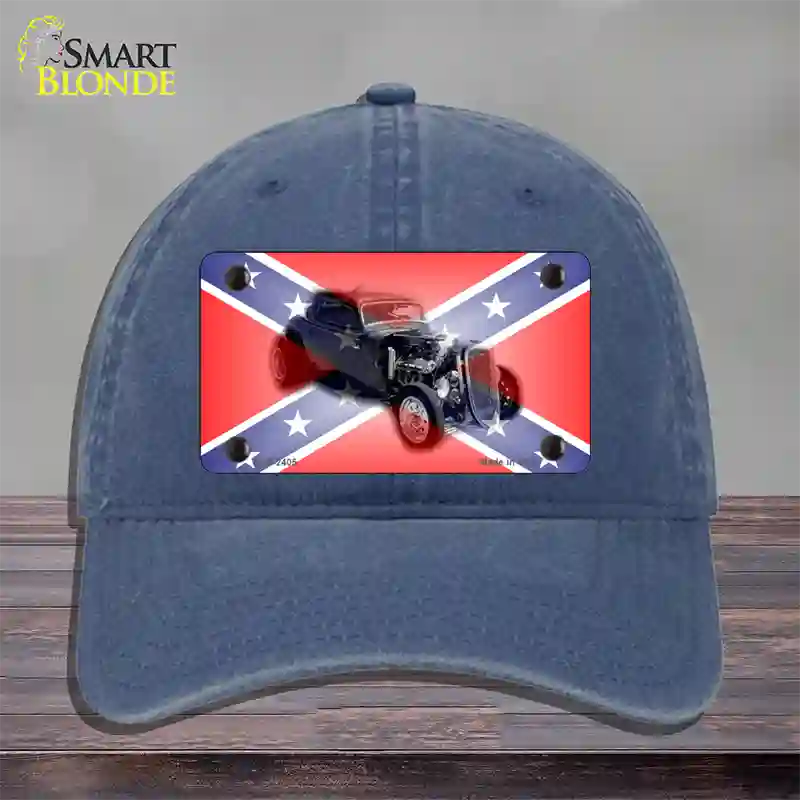 Confederate Flag Hot Rod Novelty License Plate Hat Unconstructed Cotton / Navy