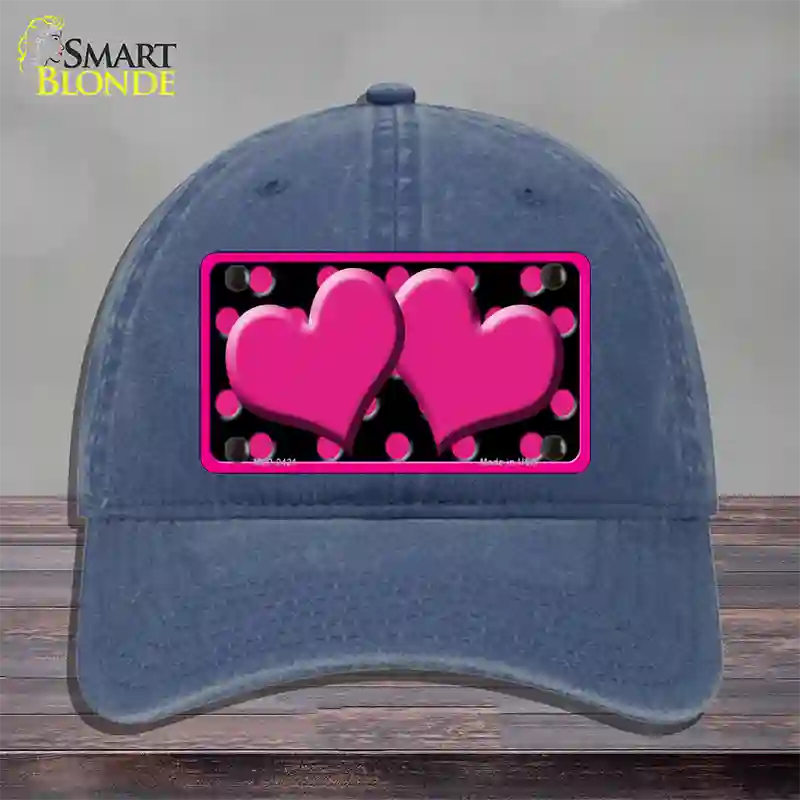 Hot Pink Black Polka Dot Hot Pink Center Hearts Novelty License Plate Hat Unconstructed Cotton / Navy