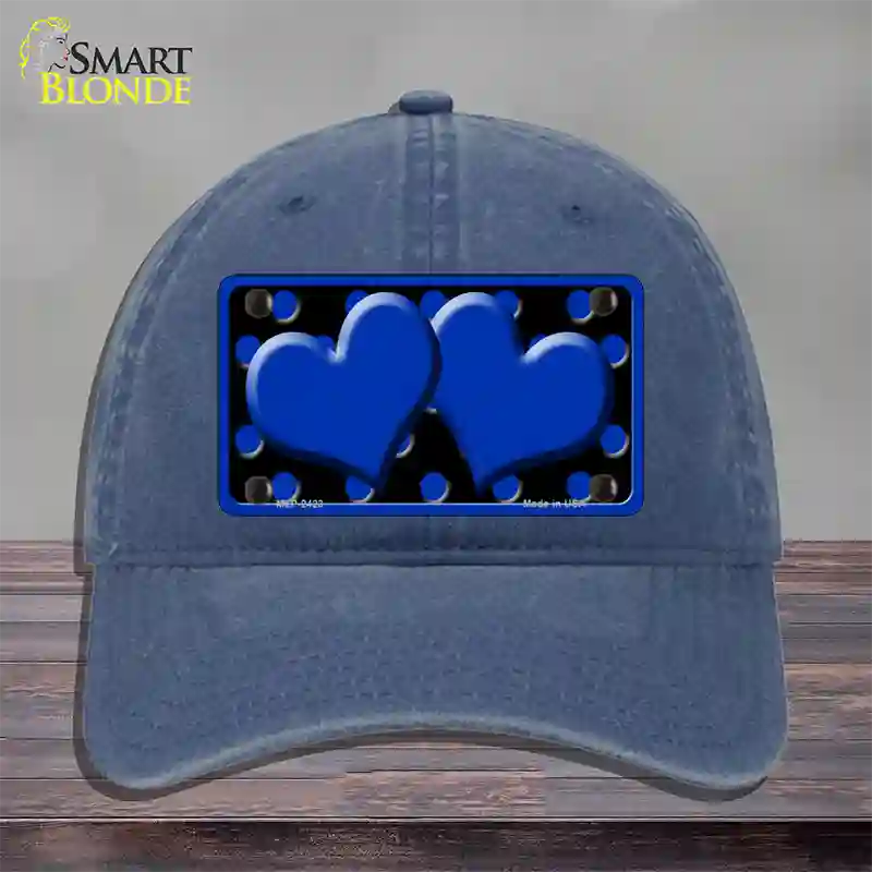 Blue Black Polka Dot Blue Center Hearts Novelty License Plate Hat Unconstructed Cotton / Navy