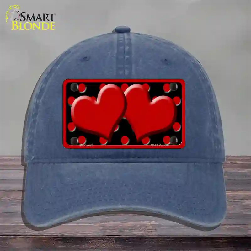 Red Black Polka Dot Red Center Hearts Novelty License Plate Hat Unconstructed Cotton / Navy