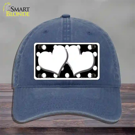 White Black Polka Dot Black Center Hearts Novelty License Plate Hat Unconstructed Cotton / Navy