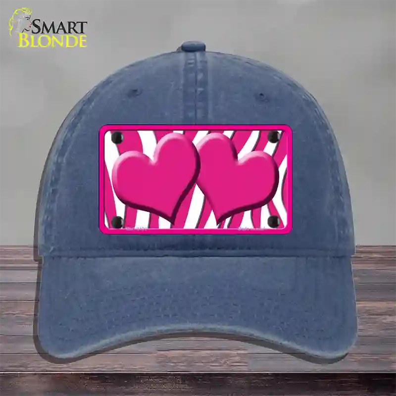 Hot Pink White Zebra Hot Pink Centered Hearts Novelty License Plate Hat Unconstructed Cotton / Navy