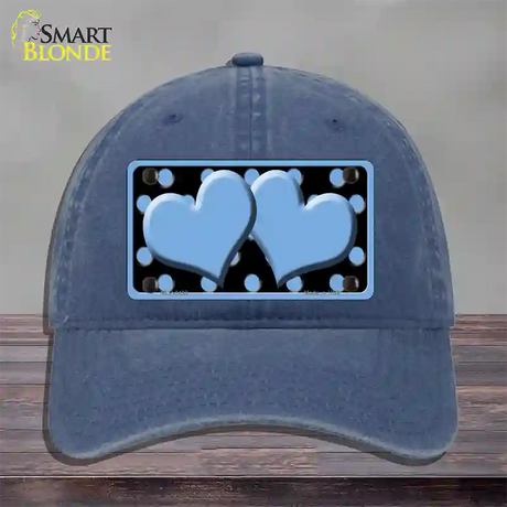 Light Blue Black Polka Dot Light Blue Centered Hearts Novelty License Plate Hat Unconstructed Cotton / Navy