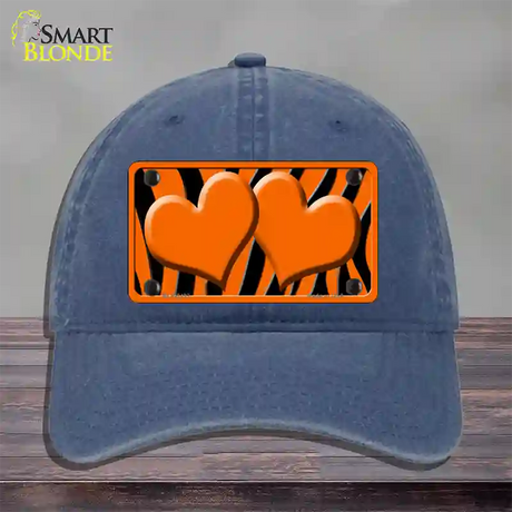 Orange Black Zebra Orange Centered Hearts Novelty License Plate Hat Unconstructed Cotton / Navy