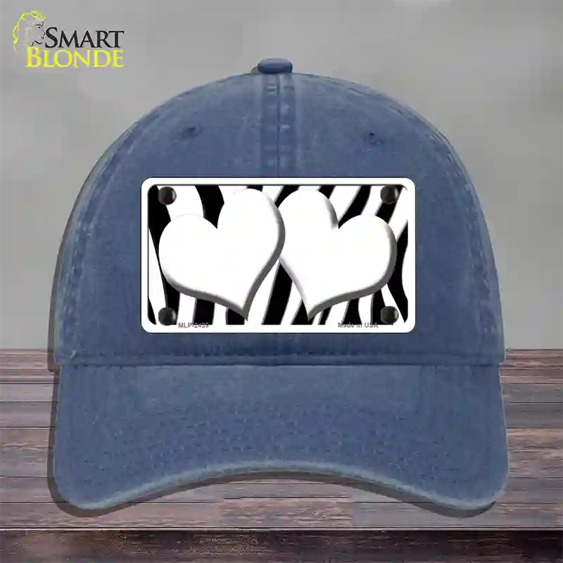 White Black Zebra Red Centered Hearts Novelty License Plate Hat Unconstructed Cotton / Navy