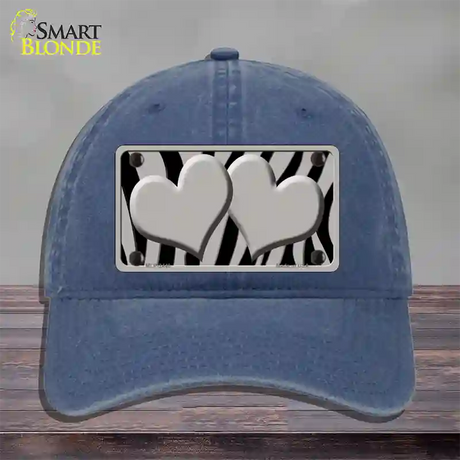 Grey Black Zebra Grey Centered Hearts Novelty License Plate Hat Unconstructed Cotton / Navy