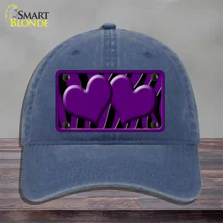 Purple Black Zebra Purple Centered Hearts Novelty License Plate Hat Unconstructed Cotton / Navy