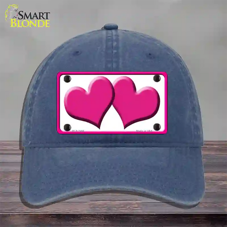 Solid Pink Centered Hearts White Novelty License Plate Hat Unconstructed Cotton / Navy