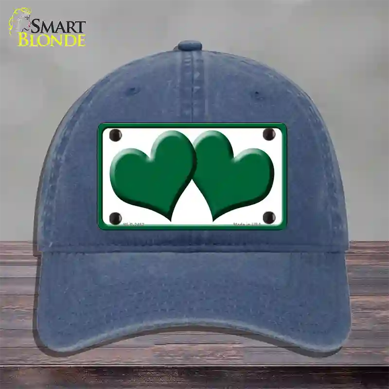 Solid Green Centered Hearts White Novelty License Plate Hat Unconstructed Cotton / Navy