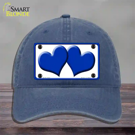 Solid Blue Centered Hearts White Novelty License Plate Hat Unconstructed Cotton / Navy