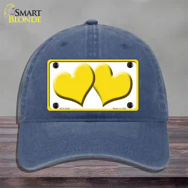 Solid Yellow Centered Hearts White Novelty License Plate Hat Unconstructed Cotton / Navy