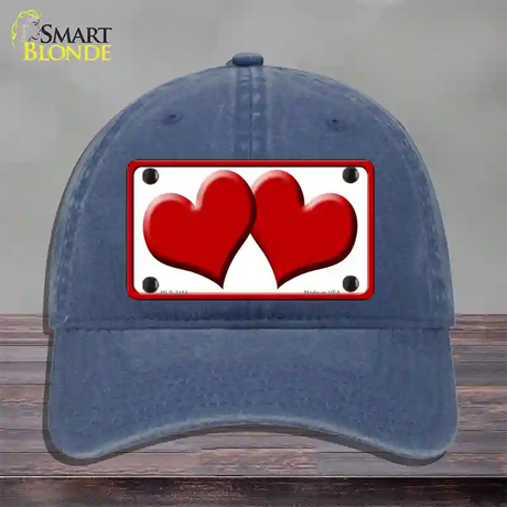 Solid Red Centered Hearts White Novelty License Plate Hat Unconstructed Cotton / Navy