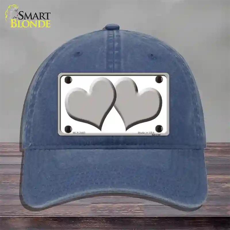 Solid Grey Centered Hearts White Novelty License Plate Hat Unconstructed Cotton / Navy