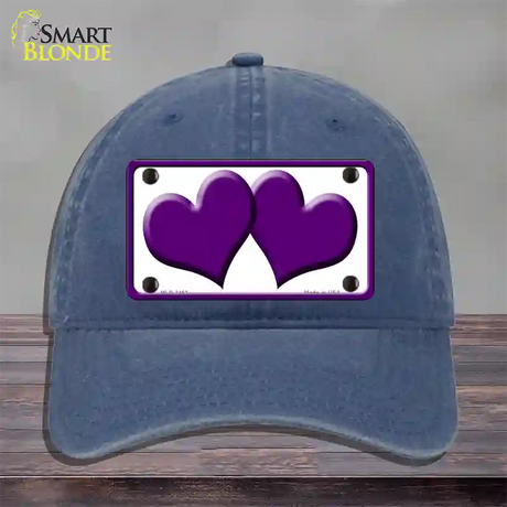 Solid Purple Centered Hearts White Novelty License Plate Hat Unconstructed Cotton / Navy