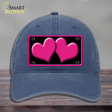 Solid Pink Centered Hearts Black Novelty License Plate Hat Unconstructed Cotton / Navy