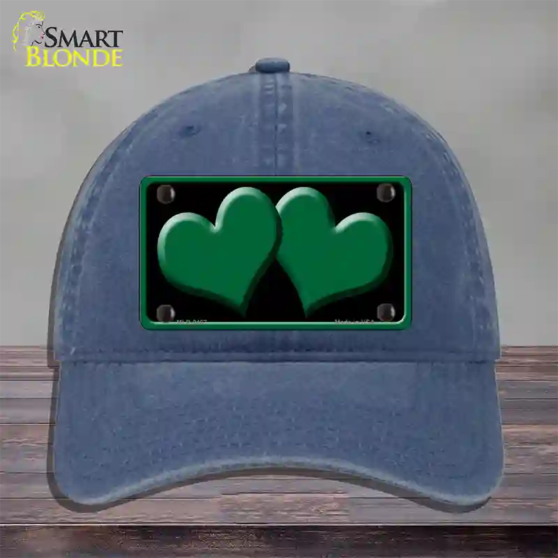 Solid Green Centered Hearts Black Novelty License Plate Hat Unconstructed Cotton / Navy