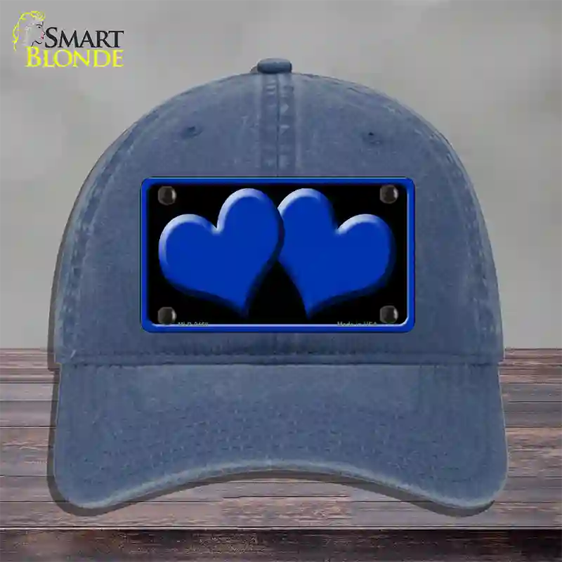 Solid Blue Centered Hearts Black Novelty License Plate Hat Unconstructed Cotton / Navy