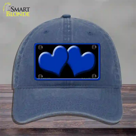 Solid Blue Centered Hearts Black Novelty License Plate Hat Unconstructed Cotton / Navy