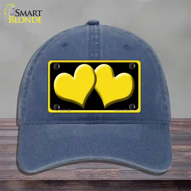 Solid Yellow Centered Hearts Black Novelty License Plate Hat Unconstructed Cotton / Navy