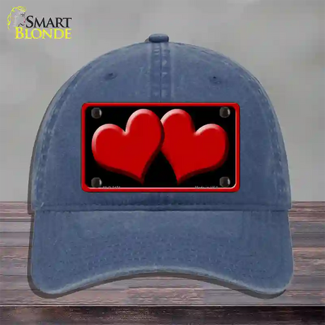 Solid Red Centered Hearts Black Novelty License Plate Hat Unconstructed Cotton / Navy