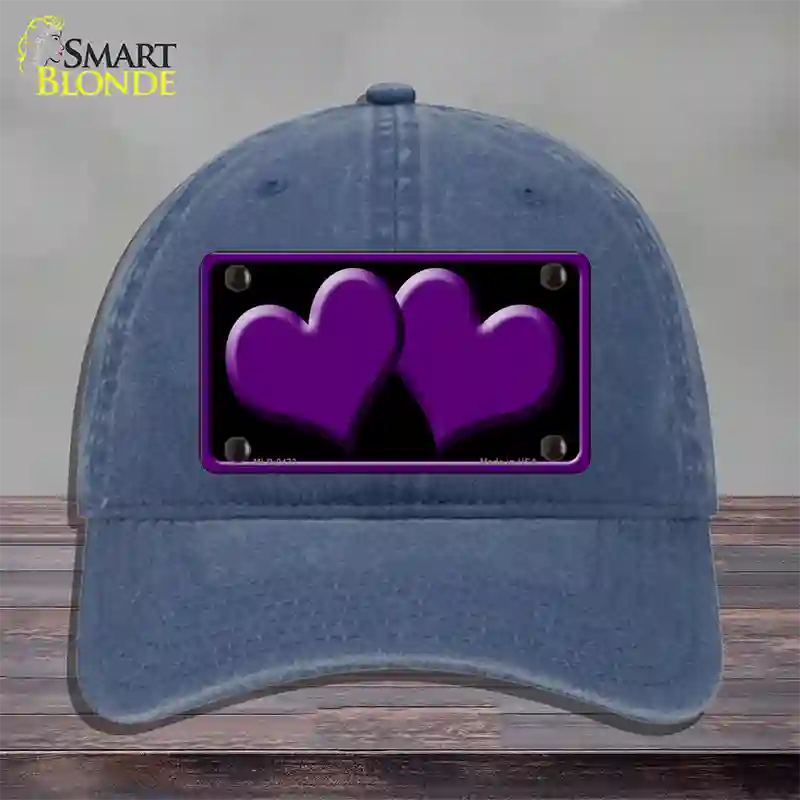 Solid Purple Centered Hearts Black Novelty License Plate Hat Unconstructed Cotton / Navy