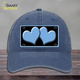 Solid Light Blue Centered Hearts Black Novelty License Plate Hat Unconstructed Cotton / Navy