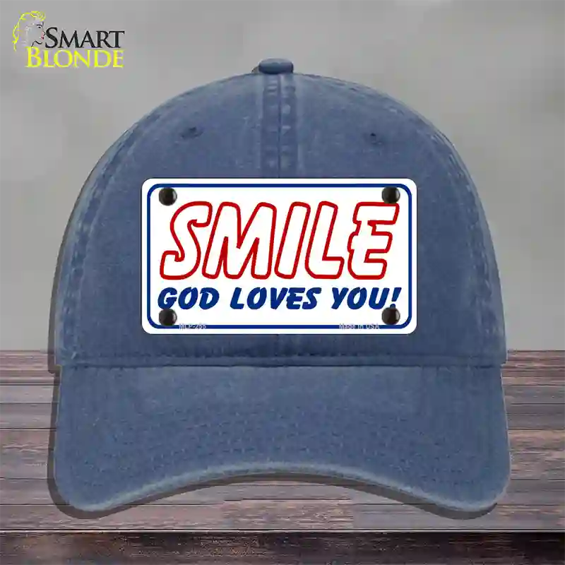 Smile God Loves You Novelty License Plate Hat Unconstructed Cotton / Navy