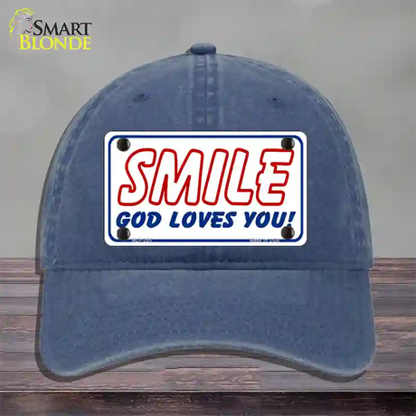 Smile God Loves You Novelty License Plate Hat Unconstructed Cotton / Navy