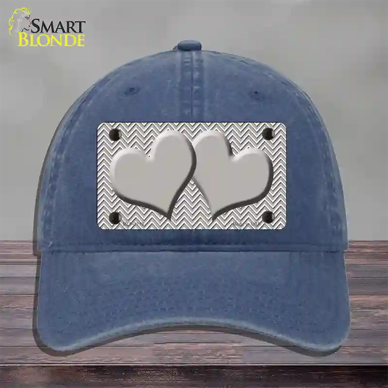 Grey White Chevon Grey Center Hearts Novelty License Plate Hat Unconstructed Cotton / Navy