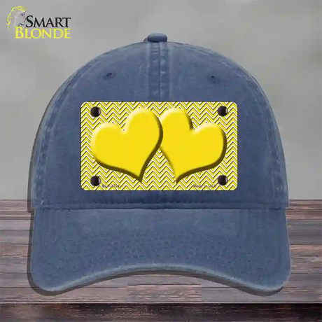 Yellow White Chevron Yellow Center Hearts Novelty License Plate Hat Unconstructed Cotton / Navy