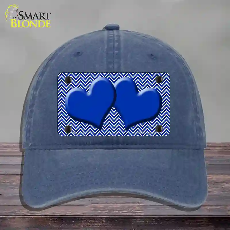 Blue White Chevron Blue Center Hearts Novelty License Plate Hat Unconstructed Cotton / Navy