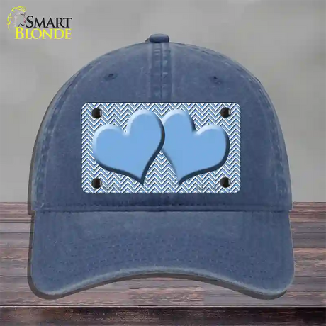 Light Blue White Chevron Light Blue Center Hearts Novelty License Plate Hat Unconstructed Cotton / Navy