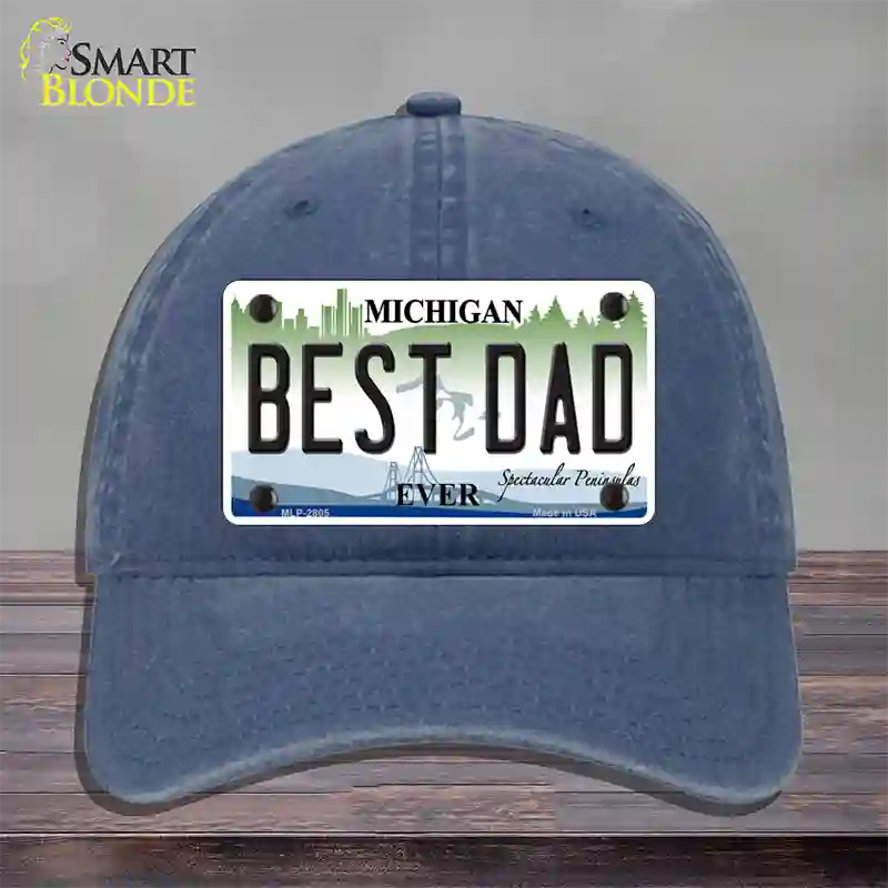 Best Dad Michigan State Novelty License Plate Hat Unconstructed Cotton / Navy