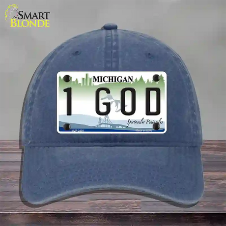 1 GOD Michigan State Novelty License Plate Hat Unconstructed Cotton / Navy