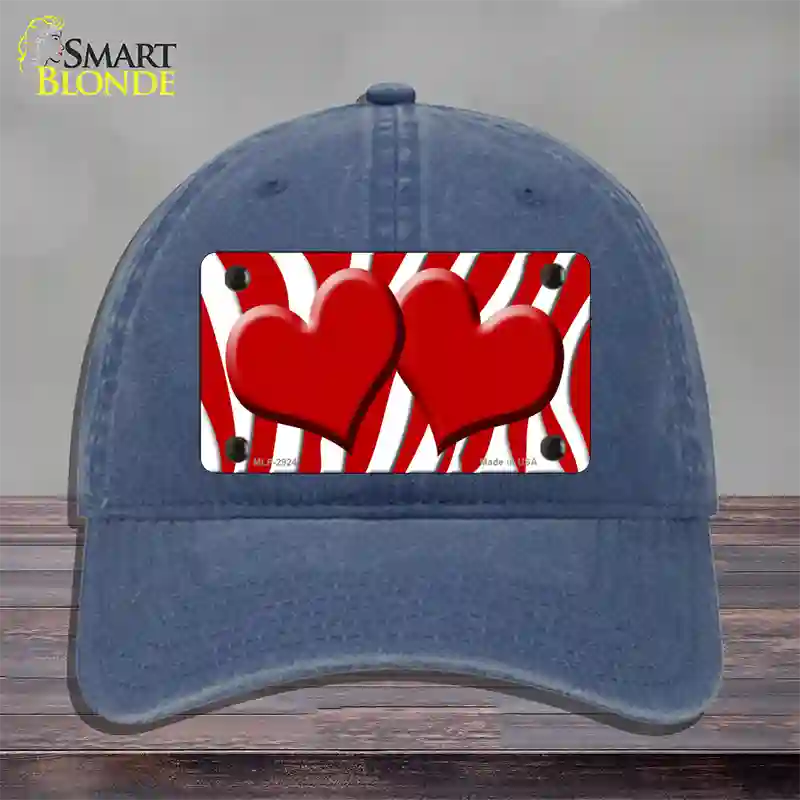 Red White Zebra Red Centered Hearts Novelty License Plate Hat Unconstructed Cotton / Navy