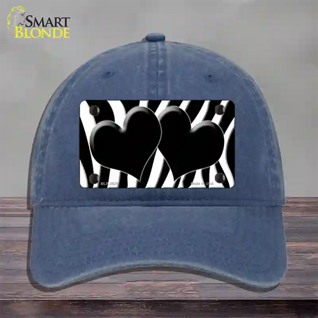 Black White Zebra Black Centered Hearts Novelty License Plate Hat Unconstructed Cotton / Navy