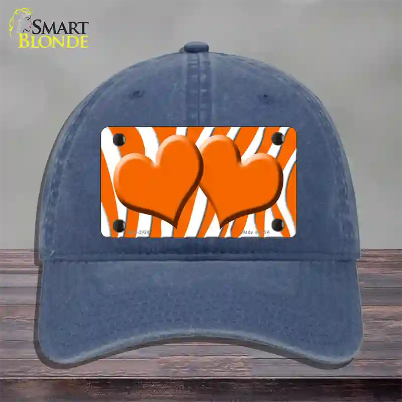 Orange White Zebra Orange Centered Hearts Novelty License Plate Hat Unconstructed Cotton / Navy