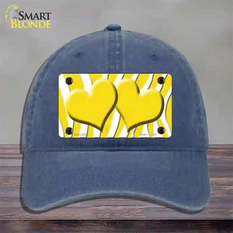 Yellow White Zebra Yellow Centered Hearts Novelty License Plate Hat Unconstructed Cotton / Navy