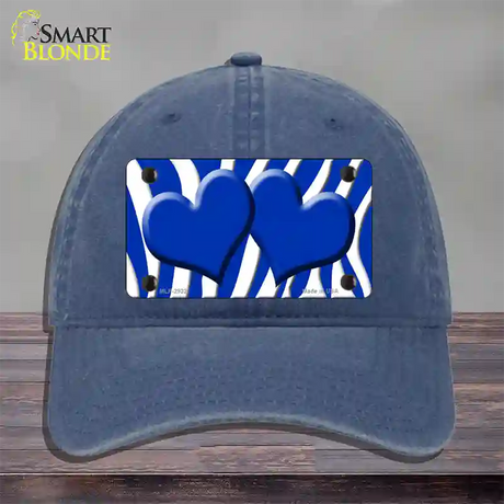 Blue White Zebra Blue Centered Hearts Novelty License Plate Hat Unconstructed Cotton / Navy