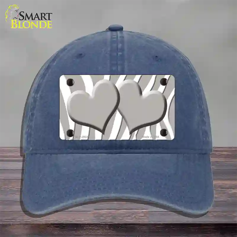 Grey White Zebra Blue Centered Hearts Novelty License Plate Hat Unconstructed Cotton / Navy