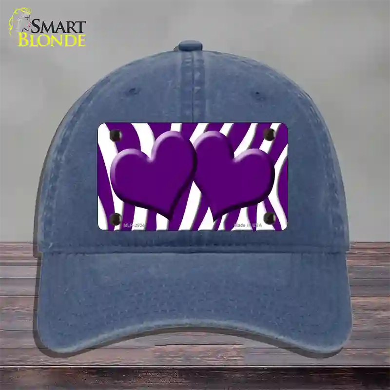 Purple White Zebra Purple Centered Hearts Novelty License Plate Hat Unconstructed Cotton / Navy