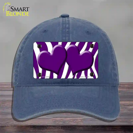 Purple White Zebra Purple Centered Hearts Novelty License Plate Hat Unconstructed Cotton / Navy