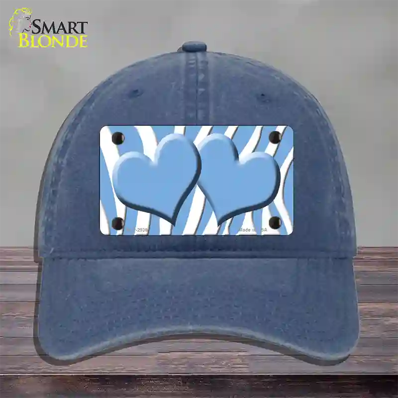 Light Blue White Zebra Light Blue Centered Hearts Novelty License Plate Hat Unconstructed Cotton / Navy